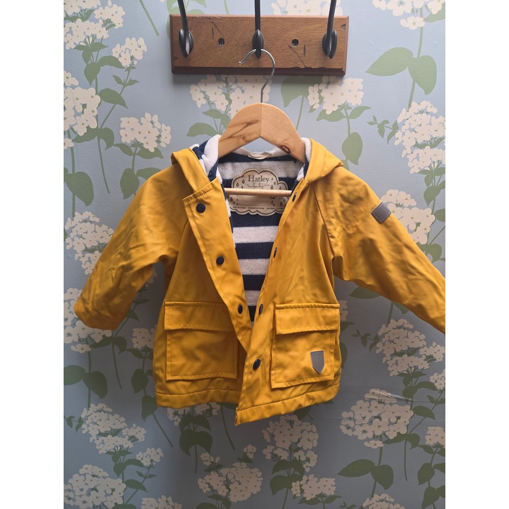 Hatley Baby Yellow Waterproof Raincoat Striped Terry Lining 12-18 Months